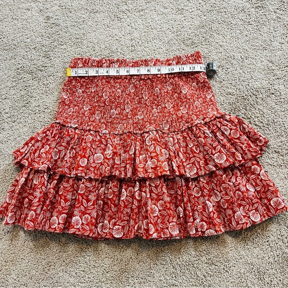 LOFT Palm-Printed Cotton Smocked Tiered Mini Skirt in Rich Chestnut. Size Small. - Picture 7 of 11